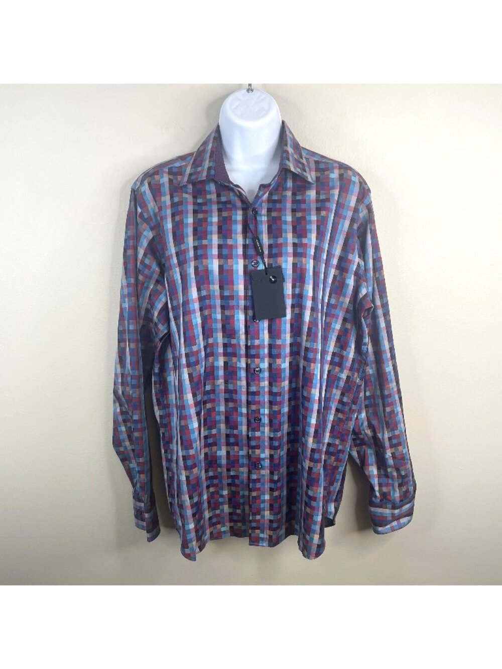 Bugatchi Shirt NWT Mens Small Luxury Check Print Button Up Career Urban Chic